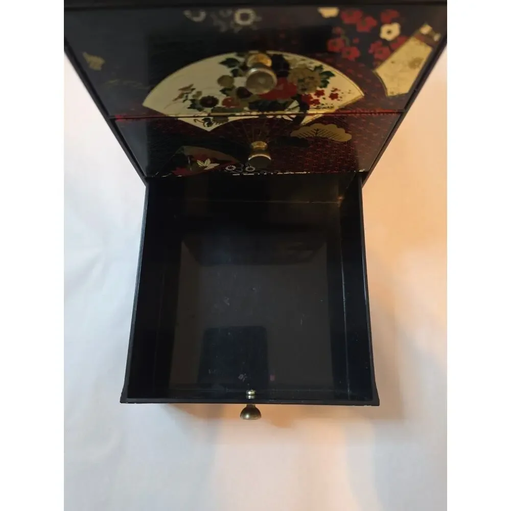 Vtg Otagiri Original Lacquerware Black W Fans Flowers 3 Drawer Jewelry Box